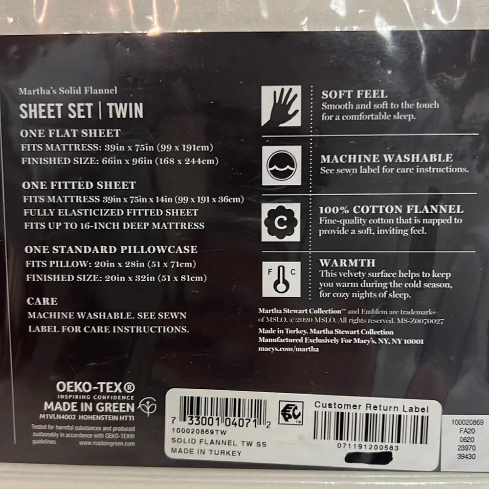 Martha Stewart Collection Luxury‎ 100% Cotton Flannel Twin Sheets Set